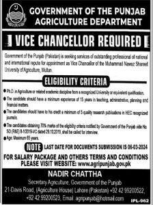 Govt of Punjab Agriculture Department Vice Chancellor Required