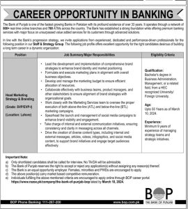 Career Opportunities in BOP as Head Marketing Strategy and Branding 2024 Apply Online