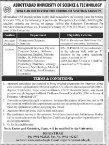 Faculty Required at Abbottabad University of Science and Technology