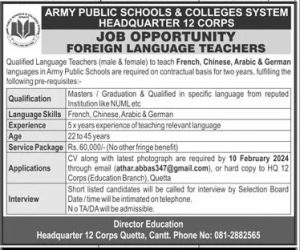 Foreign Language Teachers Required at Army Public Schools and Colleges