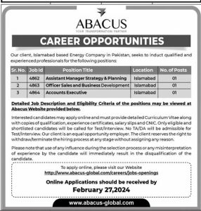 Jobs in ABACUS Islamabad Based Energy Company 2024