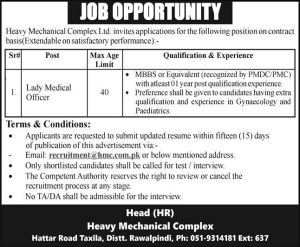 Lady Medical Officer Required at Heavy Mechanical Complex Ltd 2024