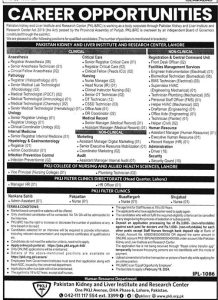 Pakistan kidney and Liver Institute and Research Center Jobs 2024