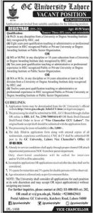 Situation Vacant for the Post of Registrar in GC University Lahore 2024