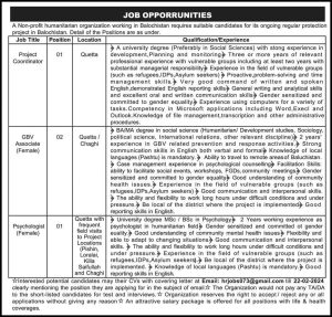 Situations Vacant in Non Profit Humanitarian Organization Balochistan
