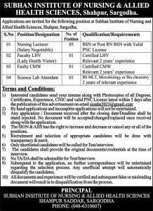 Subhan Institute of Nursing and Allied Health Sciences Shahpur Jobs