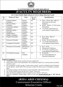 Faculty Required at Cantonment Board Kharian 2024 Apply Online