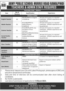 Jobs in Army Public School Rawalpindi 2024