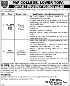 Jobs in PAF College Lower Topa March 2024