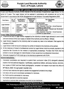 Jobs in Punjab Land Records Authority as a Legal Advisor 2024