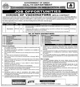 Sindh Govt Jobs in Health Department for the Post of Vaccinators 2024
