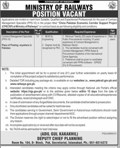 Contract Management Specialist Required in Ministry of Railways 2024