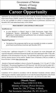 Jobs in Ministry of Energy Power Division for Procurement and Contract Specialist 2024