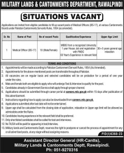 Medical Officer Required at Military Lands and Cantonments Department 2024