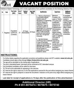 Situation Vacant for Post of Registrar in Institute of Space Technology IST 2024