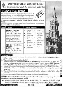 Visiting Faculty Required at Govt College University Lahore 2024