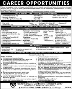 Career Opportunities in Pakistan Kidney and Liver Institute and Research Center 2024