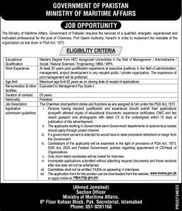 Chairman Required at The Ministry of Maritime Affairs Government of Pakistan 2024