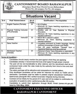 Faculty Required at Cantonment Board Bahawalpur 2024