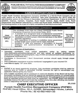 Chief Financial Officer Required at Punjab Health Facilities Management Company 2024