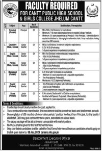 Faculty Required for Cantt Public High School and Girls College Jhelum Cantt 2024