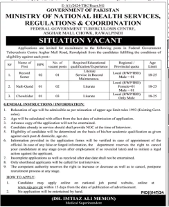 Jobs in Federal Government Tuberculosis Centre Asghar Mall Chowk Rawalpindi 2024