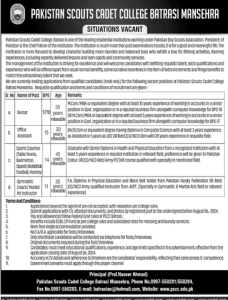 Jobs in Pakistan Scouts Cadet College Batrasi Mansehra 2024