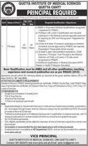 Principal Required at Quetta Institute of Medical Sciences Quetta Cantt 2024