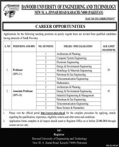 Jobs in Dawood University of Engineering and Technology Aug 2024