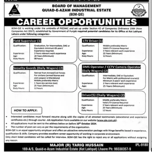 Career Opportunities in Board of Management Quiad-e-Azam Industrial Estate BOM-QIE 2024