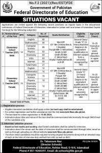 Federal Directorate of Education Jobs for the Posts of EST 2024